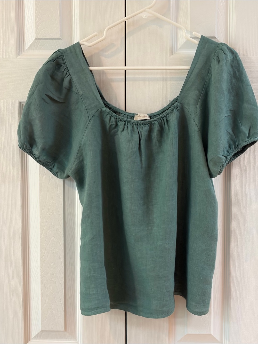 Bellambra Teal Linen Peasant Blouse with Puff Sleeves Size L